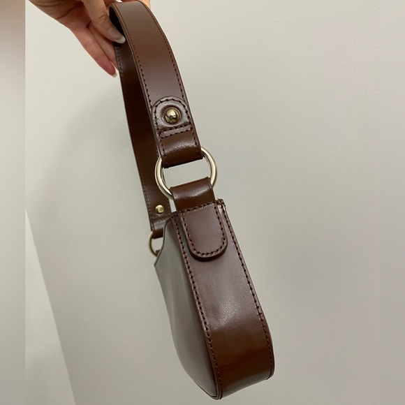 ASOS Leather 90s shoulder Bag Handbag Purse Rectangle Chocolate Brown Gold NWT - Picture 9 of 16